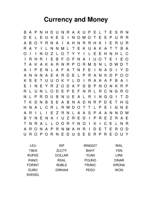 Currency and Money Word Search Puzzle