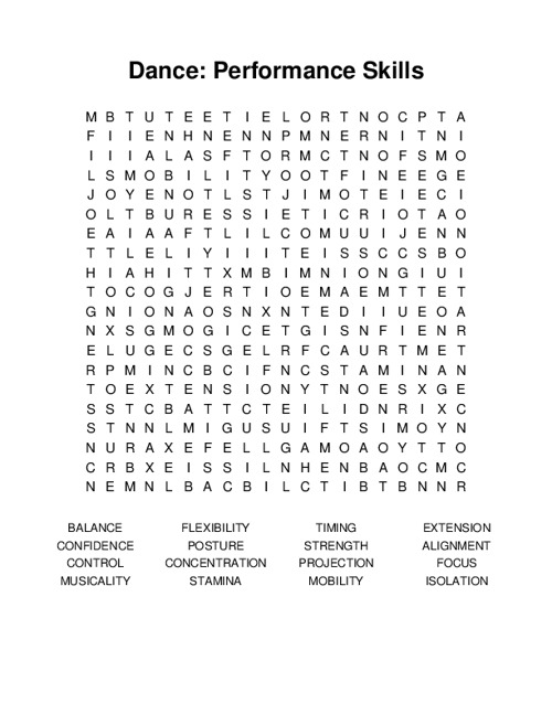 Dance: Performance Skills Word Search Puzzle