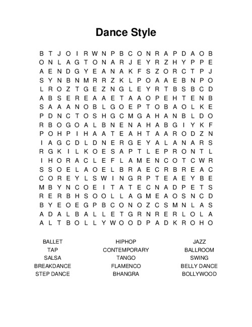 Dance Style Word Search Puzzle