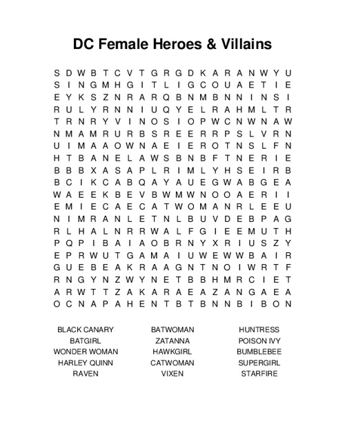 DC Female Heroes & Villains Word Search Puzzle