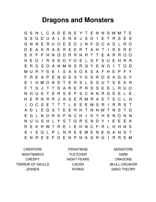 Dragons and Monsters Word Search Puzzle