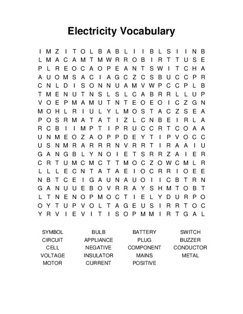 Electricity Vocabulary Word Search Puzzle