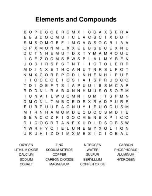 Elements and Compounds Word Search Puzzle