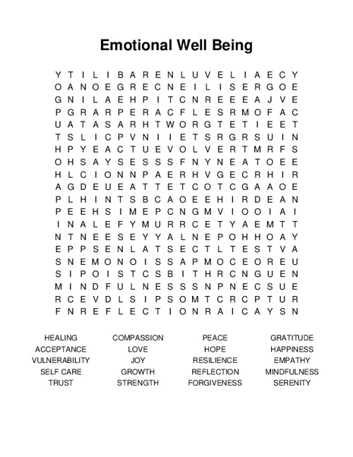 Emotional Well Being Word Search Puzzle