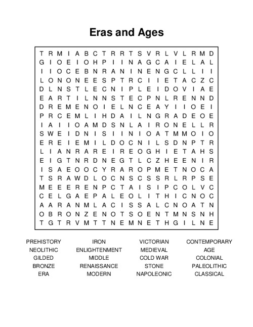 Eras and Ages Word Search Puzzle