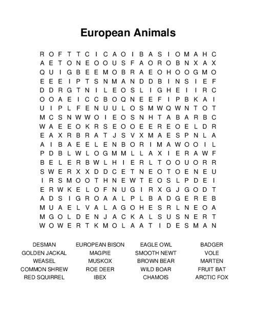 European Animals Word Search Puzzle