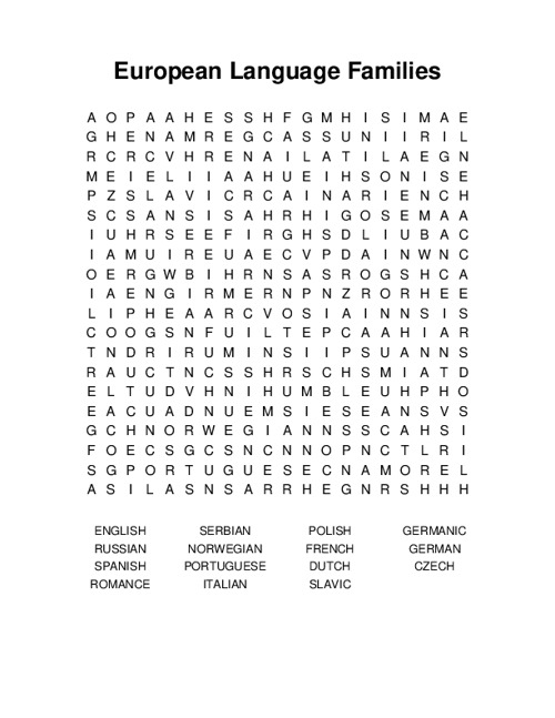 European Language Families Word Search Puzzle