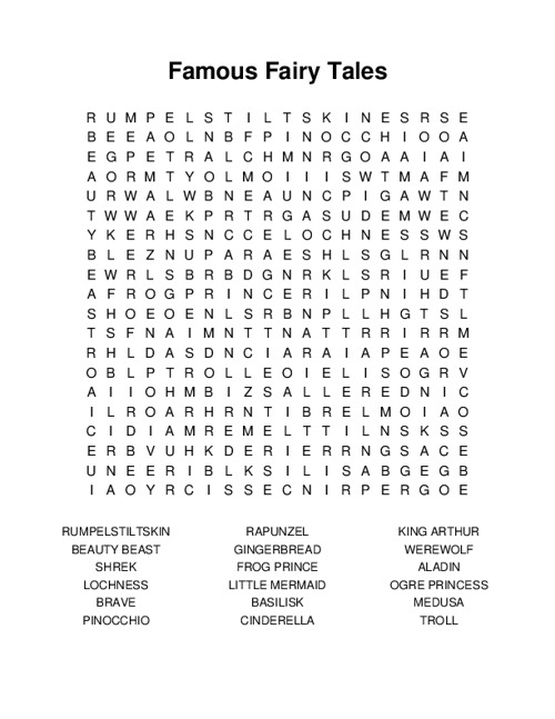 Famous Fairy Tales Word Search Puzzle