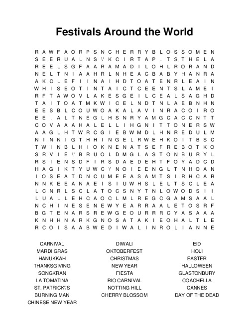 Festivals Around the World Word Search Puzzle