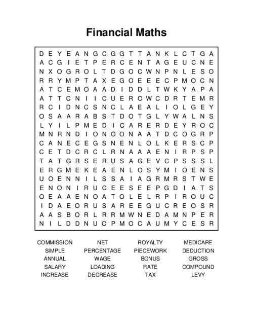 Financial Maths Word Search Puzzle