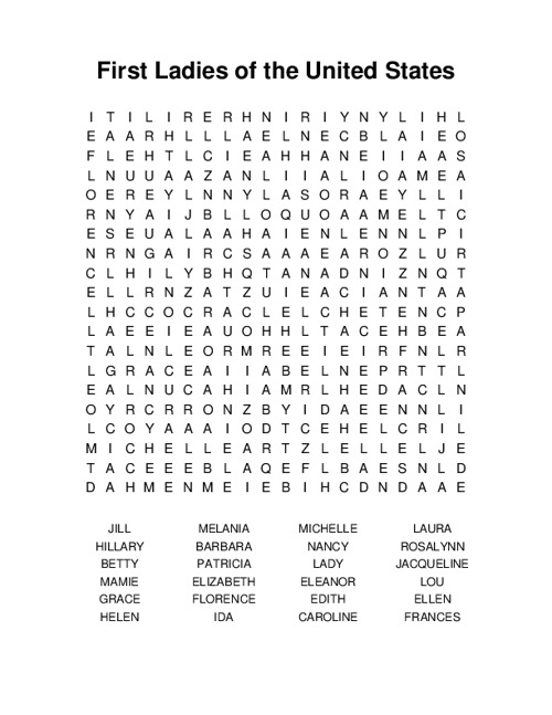 First Ladies of the United States Word Search Puzzle