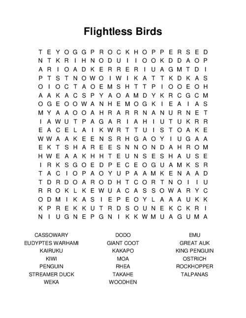 Flightless Birds Word Search Puzzle