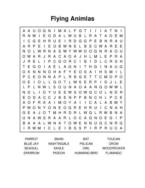 Flying Animlas Word Search Puzzle