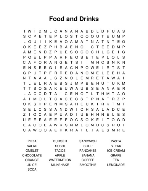 Food and Drinks Word Search Puzzle