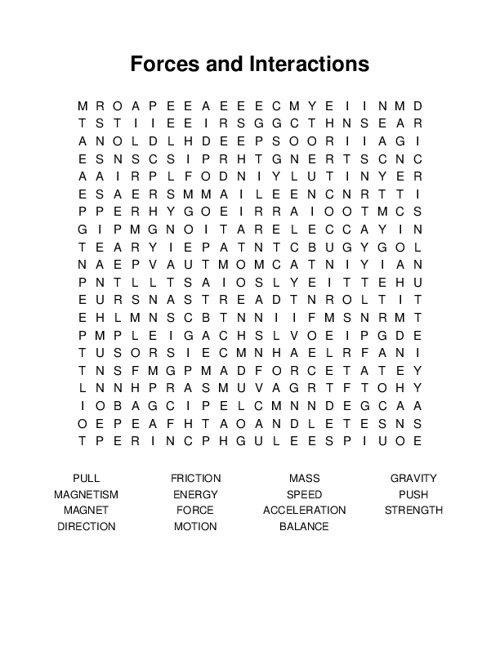 Forces and Interactions Word Search Puzzle