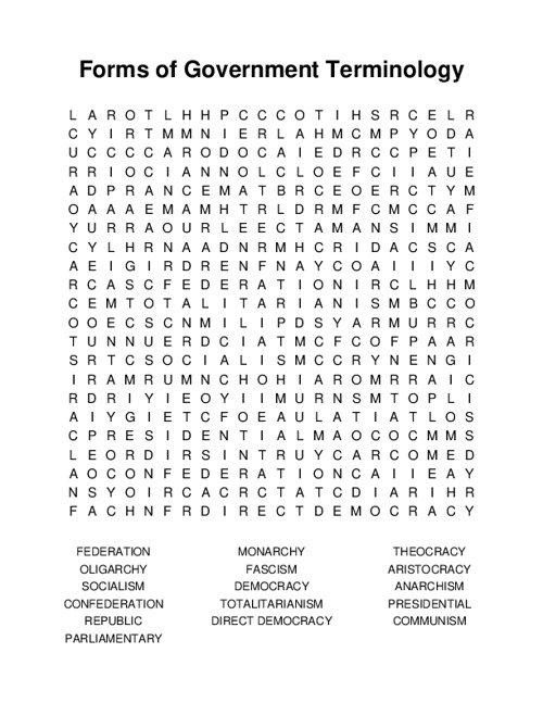 Forms of Government Terminology Word Search Puzzle