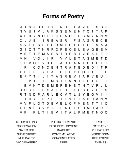 Forms of Poetry Word Search Puzzle