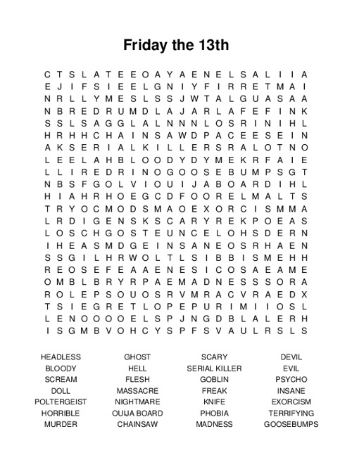 Friday the 13th Word Search Puzzle