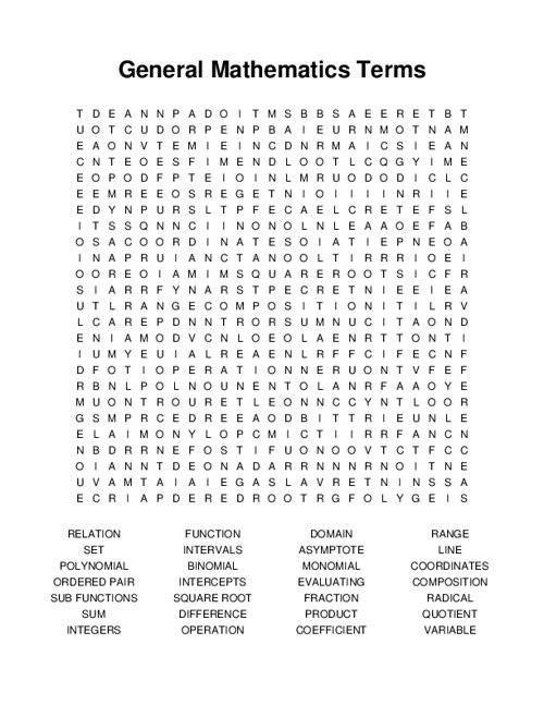 General Mathematics Terms Word Search Puzzle