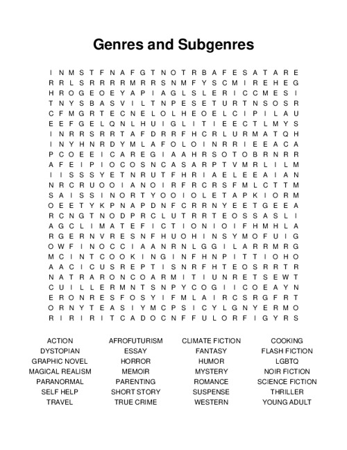 Genres and Subgenres Word Search Puzzle