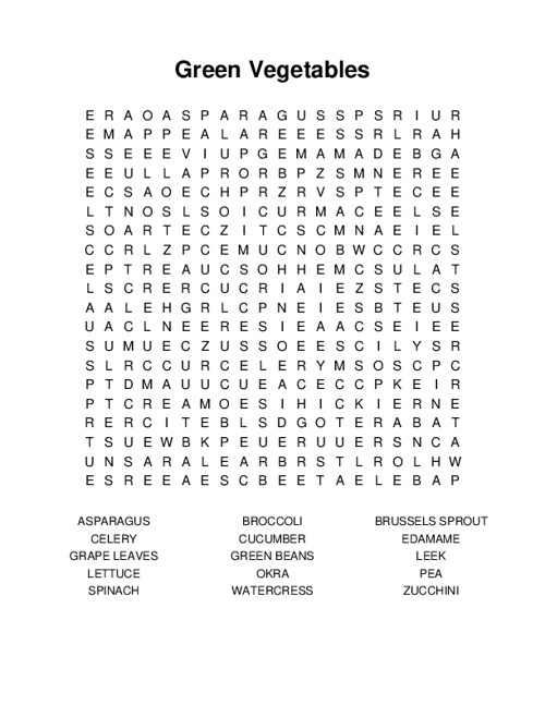 Green Vegetables Word Search Puzzle