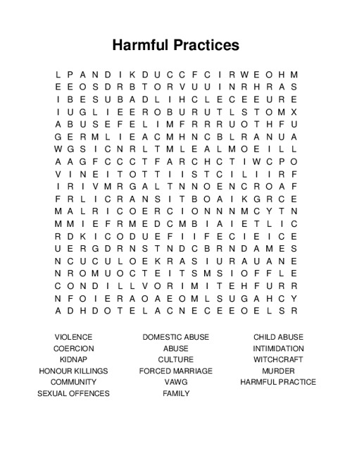 Harmful Practices Word Search Puzzle