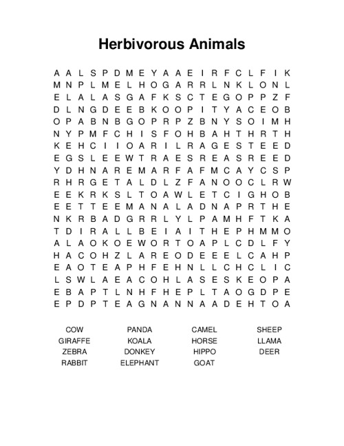 Herbivorous Animals Word Search Puzzle