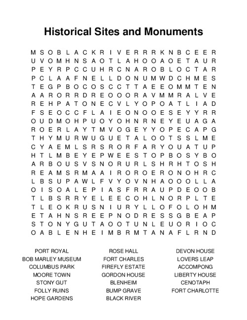 Historical Sites and Monuments Word Search Puzzle