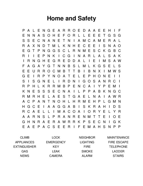 Home and Safety Word Search Puzzle