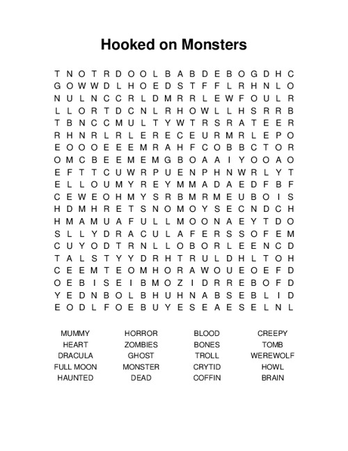 Hooked on Monsters Word Search Puzzle