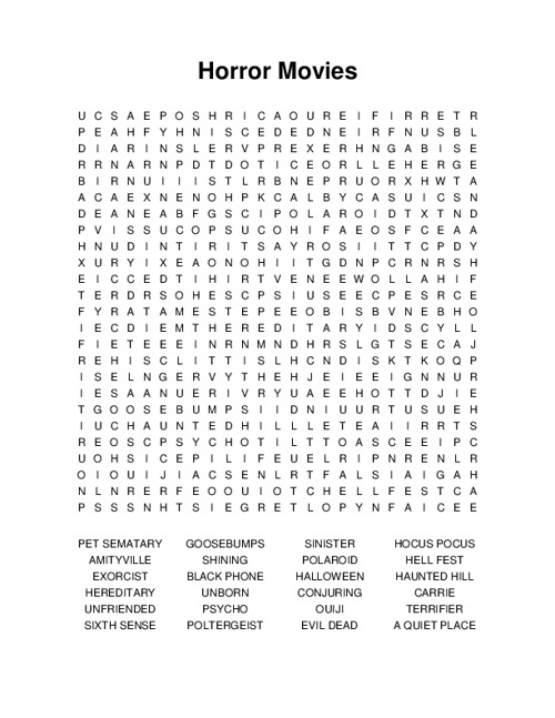 Horror Movies Word Search Puzzle