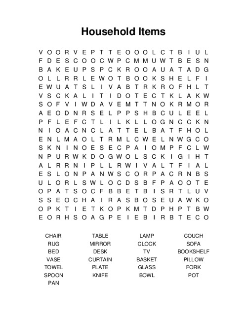 Household Items Word Search Puzzle