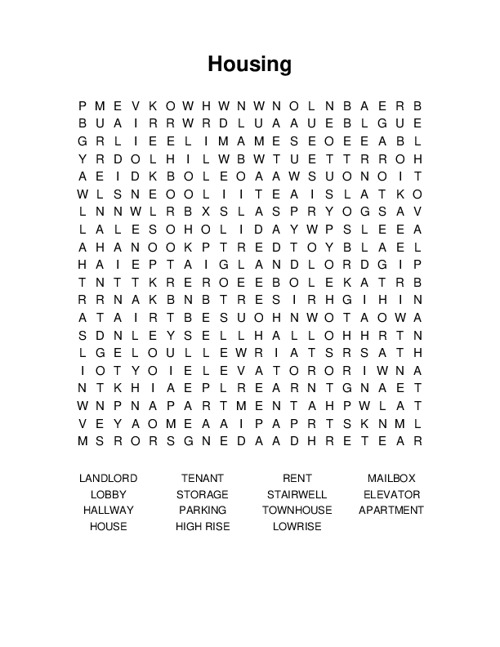 Housing Word Search Puzzle