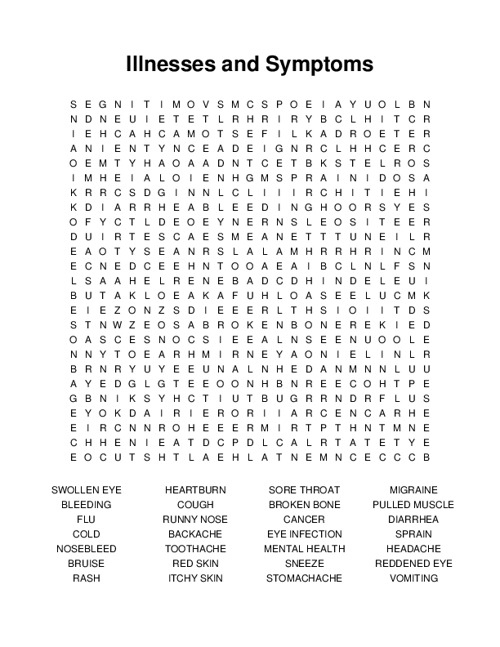 Illnesses and Symptoms Word Search Puzzle