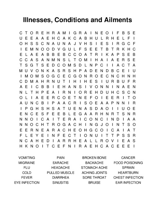 Illnesses, Conditions and Ailments Word Search Puzzle