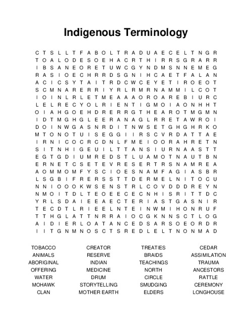 Indigenous Terminology Word Search Puzzle