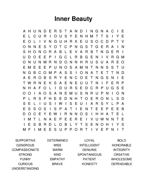 Inner Beauty Word Search Puzzle