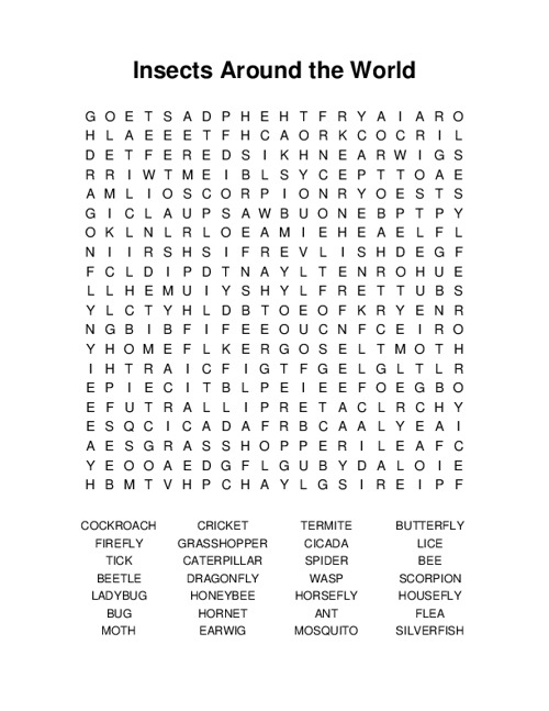 Insects Around the World Word Search Puzzle