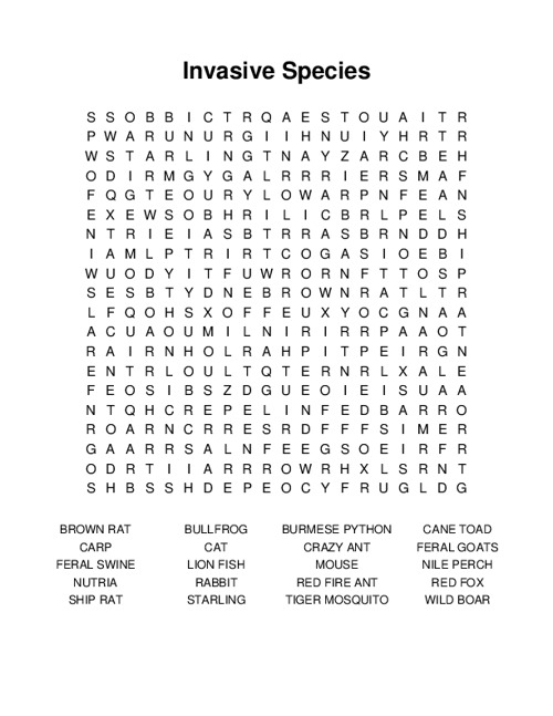 Invasive Species Word Search Puzzle