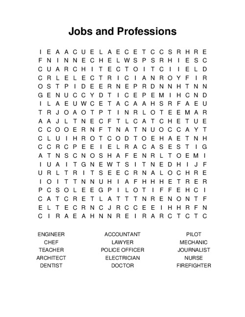Jobs And Professions Word Search Jobs And Professions Word Search