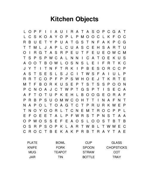 Kitchen Objects Word Search Puzzle