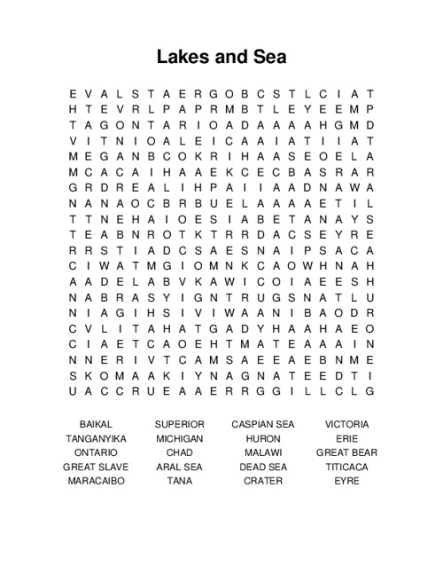 Lakes and Sea Word Search Puzzle