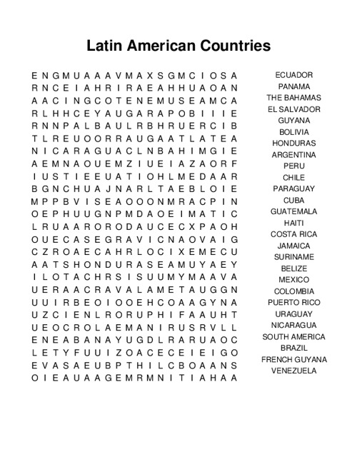 Latin American Countries Word Search Puzzle