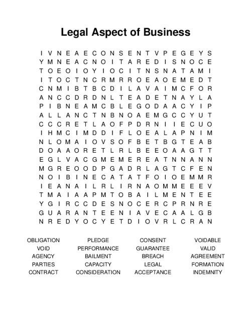 Legal Aspect of Business Word Search Puzzle