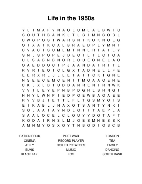 Life in the 1950s Word Search Puzzle