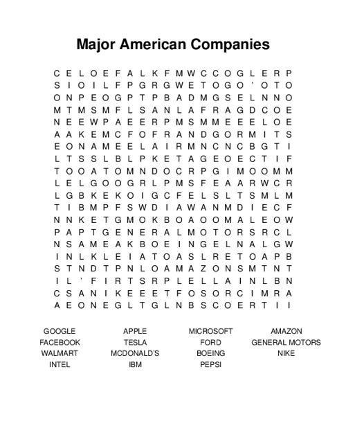 Major American Companies Word Search Puzzle