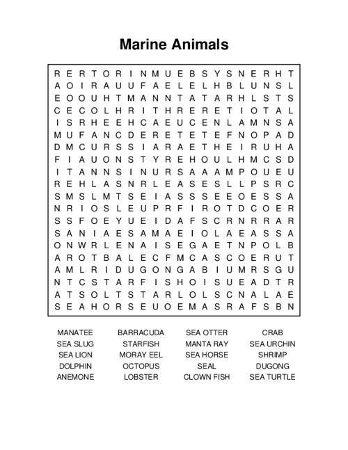 Marine Animals Word Search Puzzle