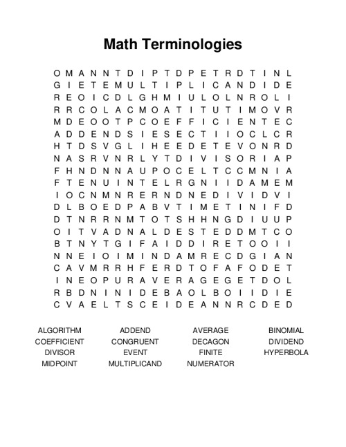 Math Terminologies Word Search Puzzle