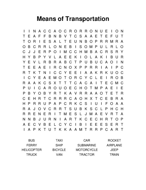 Means of Transportation Word Search Puzzle