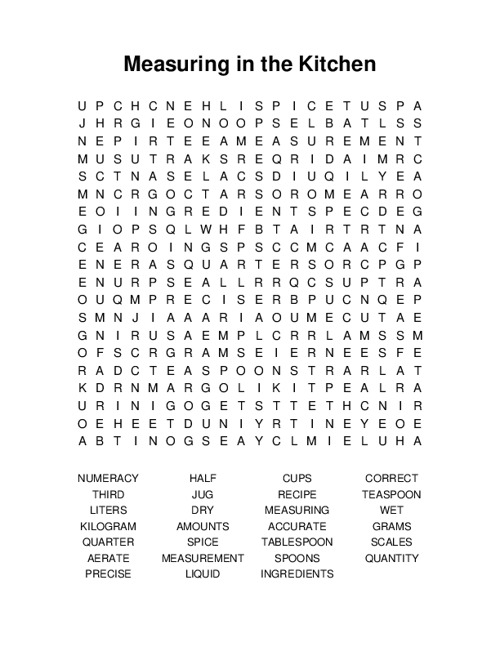 Measuring in the Kitchen Word Search Puzzle